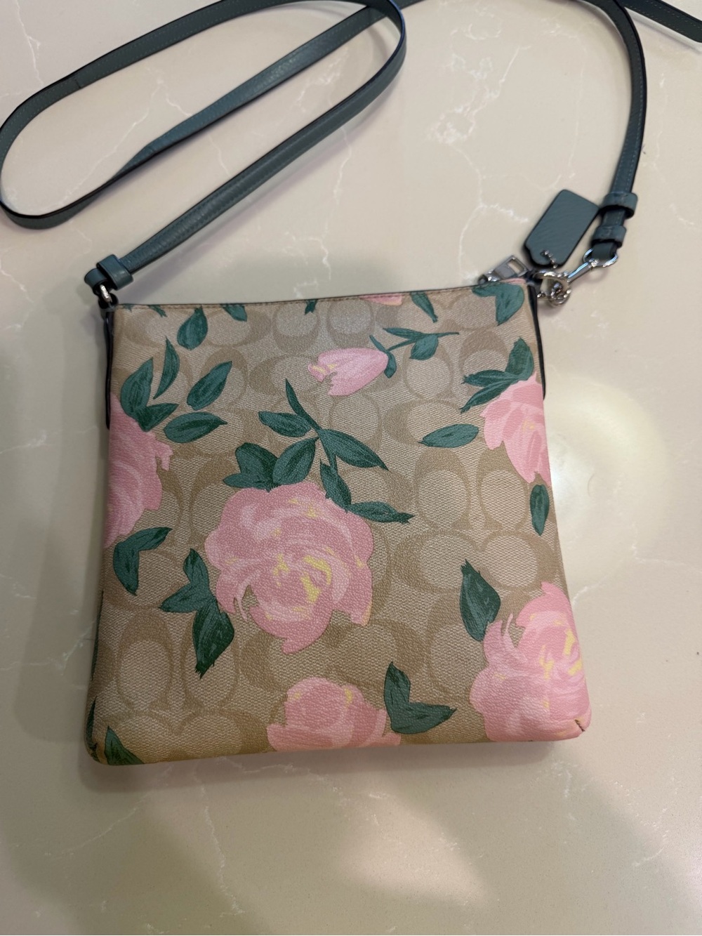 Coach Rose Floral Print Crossbody Bag in Tan and Pink - Picture 5 of 12